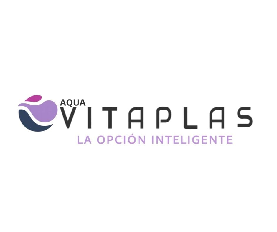 Aqua Vitaplas logo with purple and dark blue circular design and tagline La Opción Inteligente