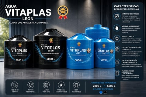 Four Vitaplas water tank cisterns in black and blue colors with capacities of 2800L and 5000L, displayed with product features and certifications