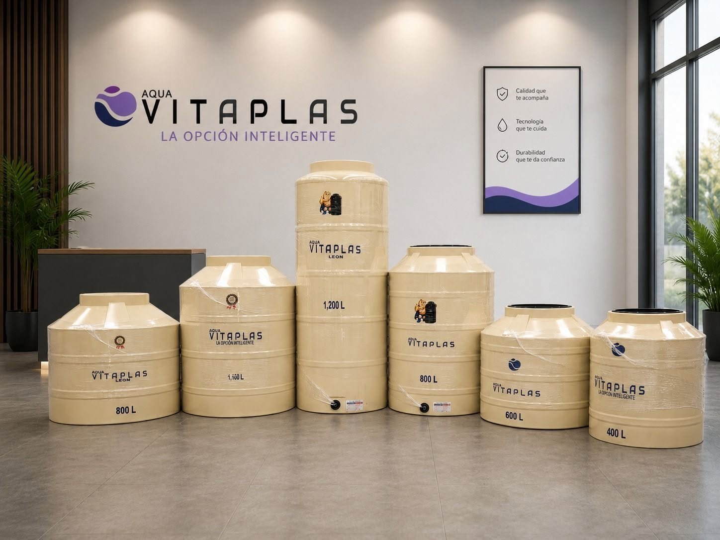 Vitaplas showroom displaying cylindrical water storage tanks of various sizes with beige casings and gold-colored tops, branded with the Vitaplas logo and tagline la opcion inteligente