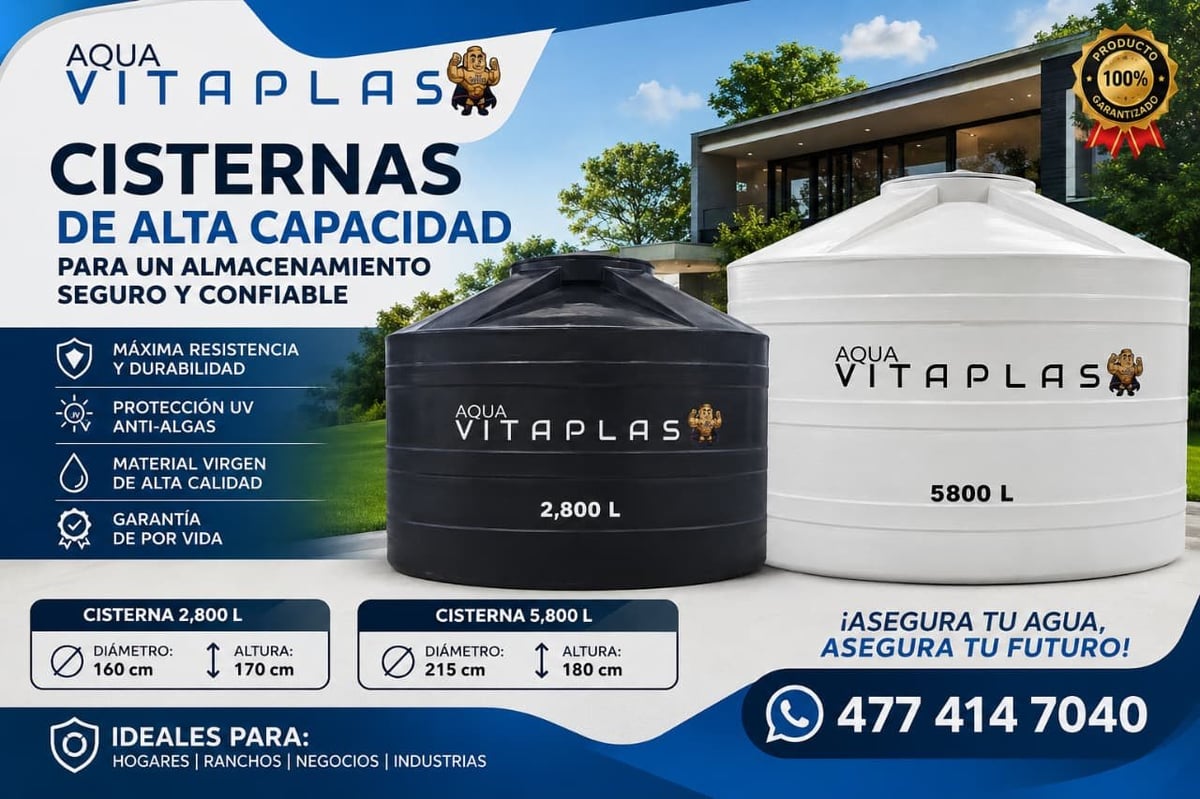 Aqua Vitaplas high-capacity water storage tanks advertisement showing 2,800L and 5,800L black and white cisterns with product features and contact information